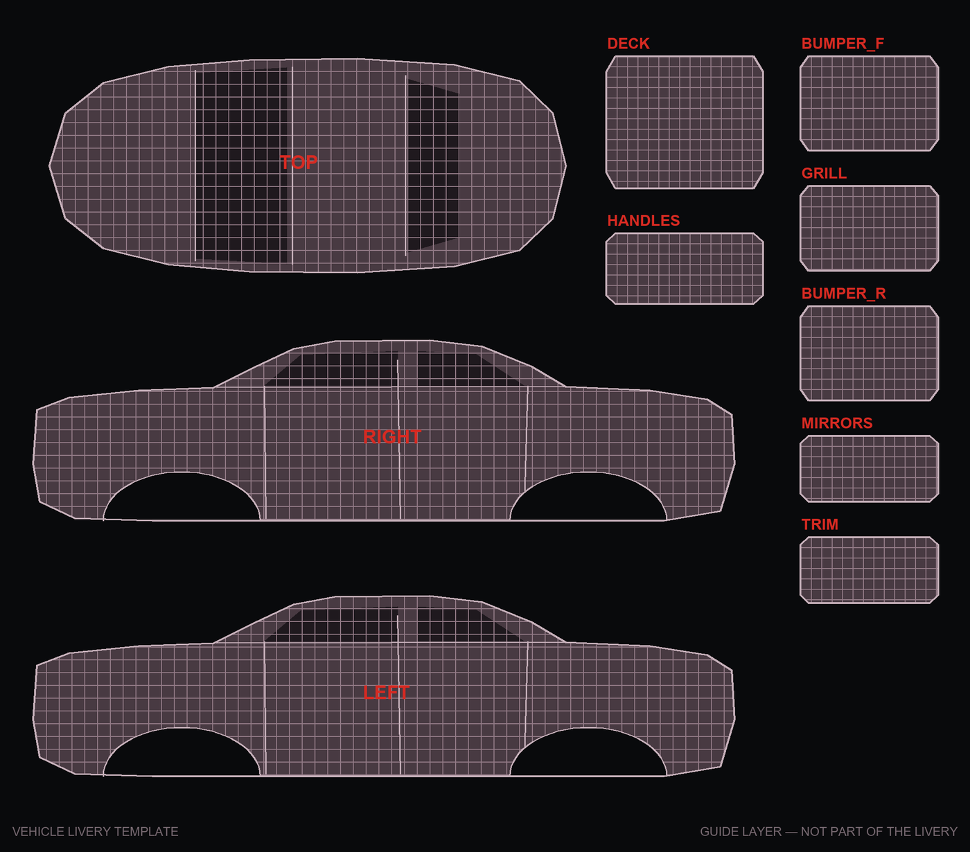 A blank vehicle livery template: the unwrapped body shell as wireframe islands on black. Both flanks in profile, a plan view, and separate islands for bumpers, grill, mirrors and trim, each labeled in red.